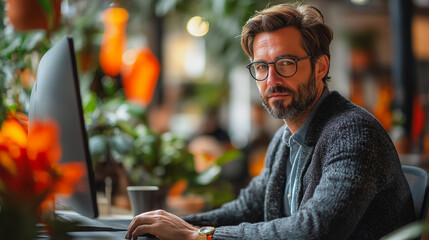 Business professional in a modern office setting with technology