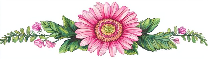 Obraz premium A vibrant pink flower with lush green leaves, perfect for enhancing floral designs and artistic projects.
