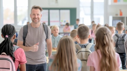 A teacher giving a thumbs-up to students in a classroom filled with children wearing backpacks.