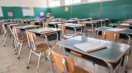An empty classroom with multiple desks and chairs arranged neatly, each desk having a notebook placed on top.