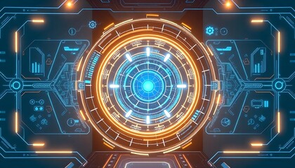 Obraz premium blue circuit board background. A futuristic, abstract digital illustration with a central glowing circular portal or portal surrounded by various geometric shapes, lines, and patterns