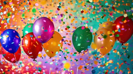 A group of colorful balloons are floating in the air with confetti falling around them.