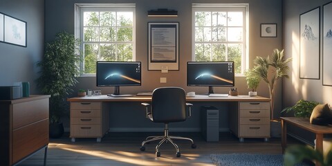 Home Office Setup with Modern Furniture, Dual Monitors, and a Clean, Productive Workspace. 
