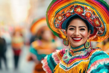 Fototapeta premium Colorful procession of people in traditional Latin American festival costumes, marching down a busy street, Festival procession, Cultural Celebration