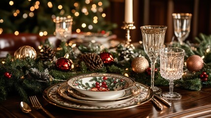 Naklejka premium Christmas dinner setting with elegantly arranged tableware and twinkling lights 