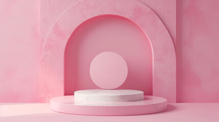 Pink podium, pedestal on a pink white background ,Abstract geometry background ,Blank showcase with empty round stage ,white cylinder Product Stand in pink room ,Studio Scene For Product ,presentation