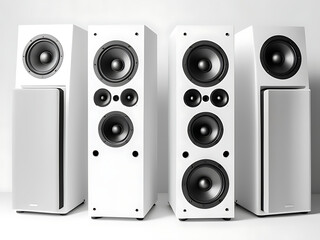 Fototapeta premium A loudspeakers for music and sound surround home theatre system placed in bright white isolated background with copy space, sound system banner design 