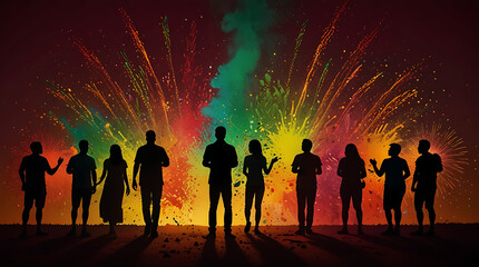 Fototapeta premium Diwali Cracker Explosive splash red, yellow, green color powder dusk with silhouette of crowd playing in the background. wide background copy space, ground, Diwali Fire Cracker explosions, 