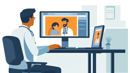 A health care professional, likely a doctor, is consulting with a patient online. The doctor is sitting at a desk with headphones around his neck and looking at a computer screen.