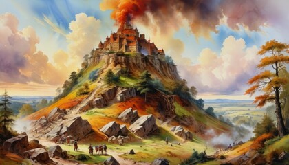 Scenic sunset over the mountains with a view of the valley, clouds, and forest