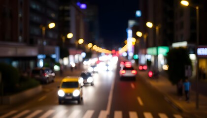 A blurred night cityscape with street lights, traffic, and buildings in the background