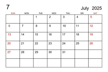 A July 2025 calendar template on white paper background.