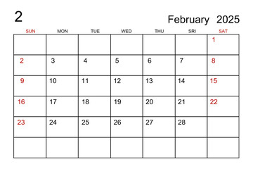 A February 2025 calendar template on white paper background.