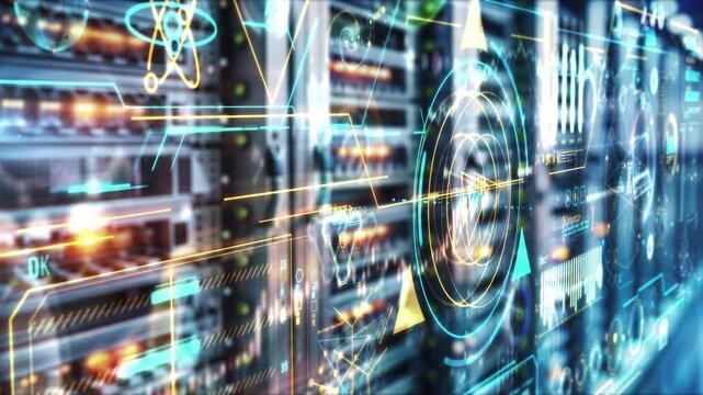 Digital data streams in front of server cabinets.