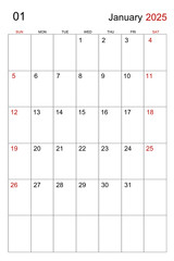 A January 2025 calendar vertical template on white background.