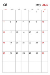 A May 2025 calendar vertical template on white background.