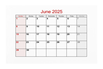 June 2025 Calendar page for 2025 year isolated on white background, Save clipping path.