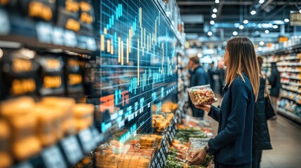 People shopping in a grocery store with an overlaid stock market graph. The graph displays fluctuating financial data