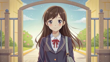 Obraz premium Anime Schoolgirl Standing in Front of a Gate