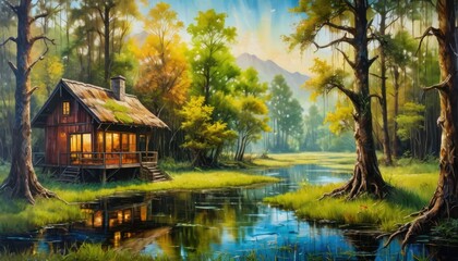 Naklejka premium Autumn landscape with a house by a pond in a park with reflections in the water and colorful fall trees