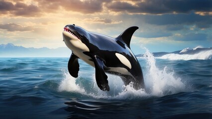 Fototapeta premium Majestic orca breaching the surface of the ocean, powerful and elegant, dramatic 