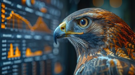 Visionary Business Leader Analyzing Graph in Presentation with Hawk Head Overlay and Copy Space on Left
