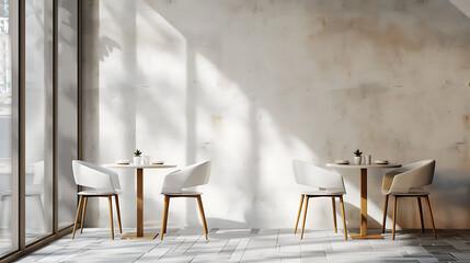 Two small tables with chairs sit by a window in a modern restaurant.