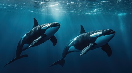 Fototapeta premium Two orcas swim gracefully underwater in a deep blue ocean