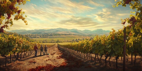 Fototapeta premium Vineyard at Harvest Time with Lush Grape Vines, Rolling Hills, and Workers Collecting Bountiful Crops. 