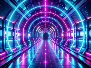 Futuristic Neon Light Tunnel with Electric Blue and Purple Glows
