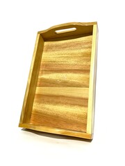One empty wooden tray with handle on both sides isolated on white background