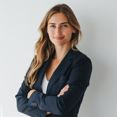 A confident businesswoman in her 30s, wearing a suit, standing with arms crossed