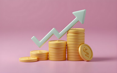  3d stacks of dollar coins with growth arrow graph with coins
