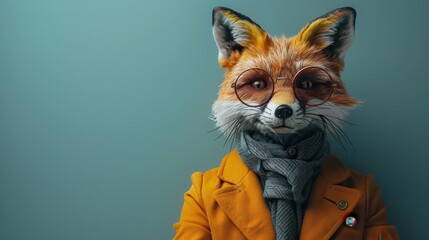 Fototapeta premium Clever Business Deal - Minimalist Image of Businessperson with Fox Head Signing Contract with Sly Smile, Copy Space on Left Side