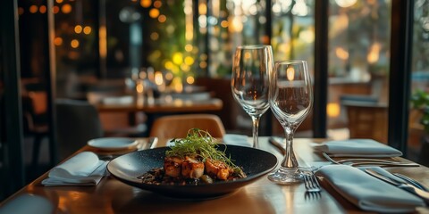 table setting for dinner, Fine Dining Experience with Gourmet Cuisine, Elegant Table Settings, and Soft Ambient Lighting.