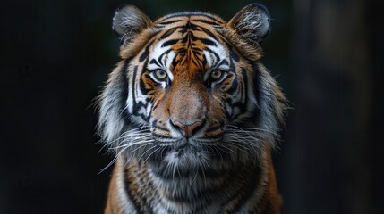 Naklejka premium Power Negotiations: Businessperson with Tiger Head Asserting Dominance in Boardroom Scene with Copy Space Below