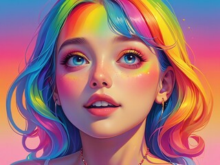 Fototapeta premium Anime Portrait of a Woman With Rainbow Coloured Hair