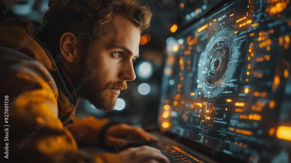 Poster man using ai software on a laptop to generate images, showcasing a futuristic user interface with vi