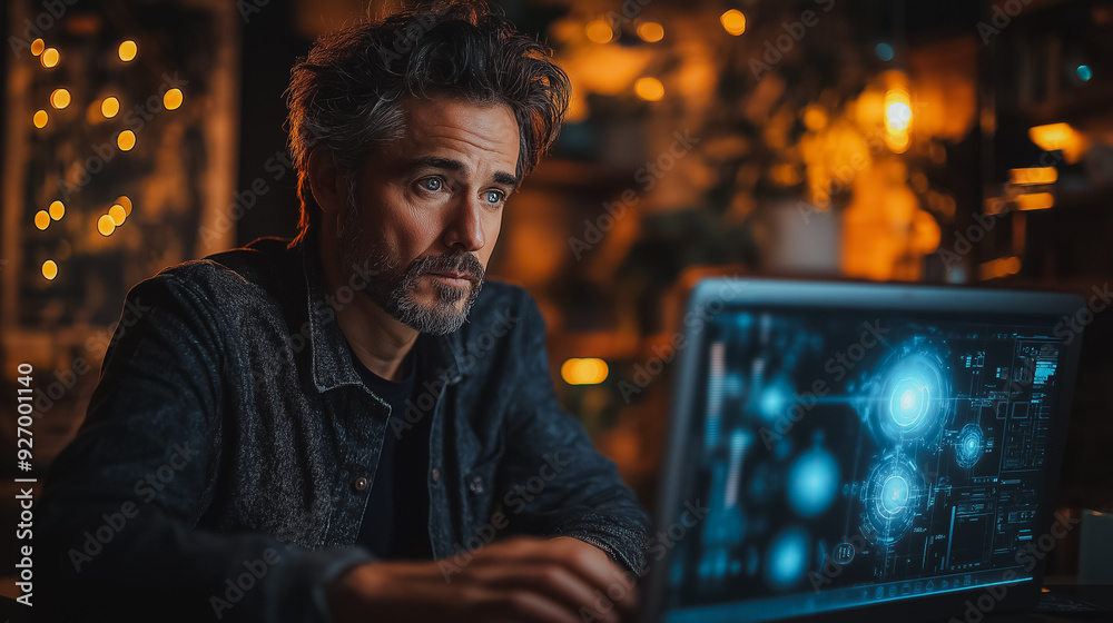 Poster man using ai software on a laptop to generate images, showcasing a futuristic user interface with vi