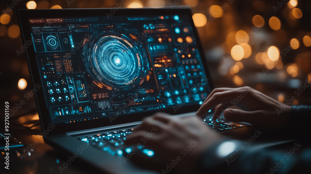 Poster ai image creation technology, man using a laptop with advanced software, futuristic ui and generated