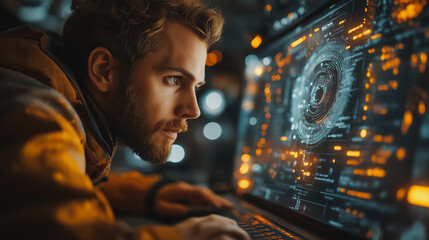 Man using AI software on a laptop to generate images, showcasing a futuristic user interface with visual prompts, image created by artificial intelligence
