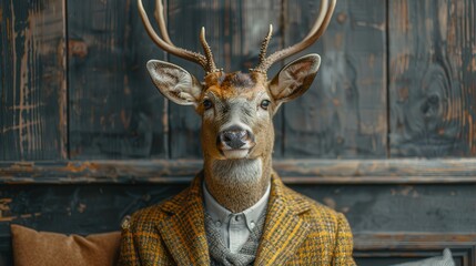 Vigilant Business Team: Businessperson with Deer Head Attentively Listening During Meeting, Copy Space on Left