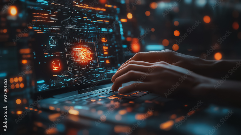 Poster a person using a laptop with a glowing screen displaying complex digital information.