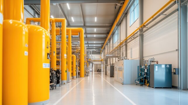 The interior of a biogas upgrading facility within a wastewater treatment plant, focusing on gas purification equipment.