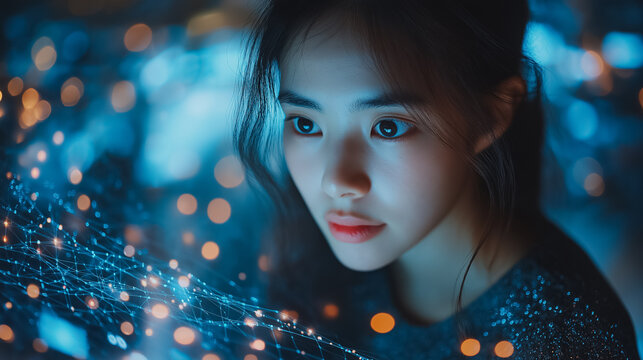 Fototapeta Digital technology and internet network connection concept with a woman exploring big data, digital marketing, and IoT against an innovative technology background
