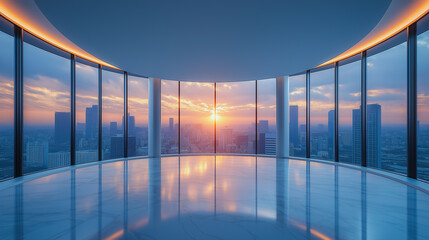 Obraz premium a large, modern room with floor-to-ceiling windows showing a city skyline at sunset.