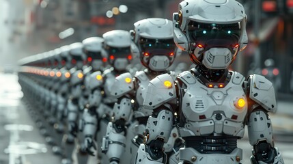 Automated AI Police Force Patrolling Surreal Cityscape with Blank Space for Text
