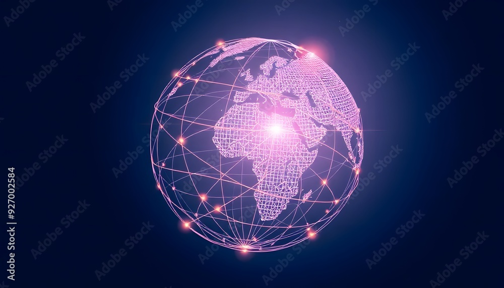 Sticker a glowing transparent globe with a network of lines connecting different parts of the world, against