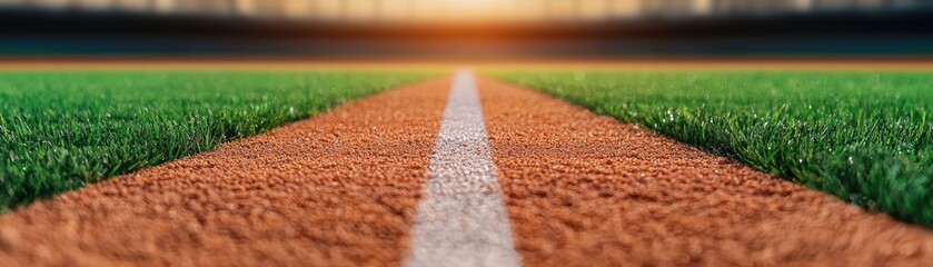 A vibrant sunset casts a warm glow over a well-maintained sports field, highlighting the orange track and lush green grass.