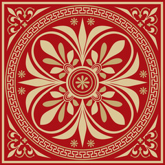Vector gold with red classic Greek square ornament. Rectangle of Ancient Greece and Roman Empire. Byzantine painting of walls, floors and ceilings. Decoration of European palaces